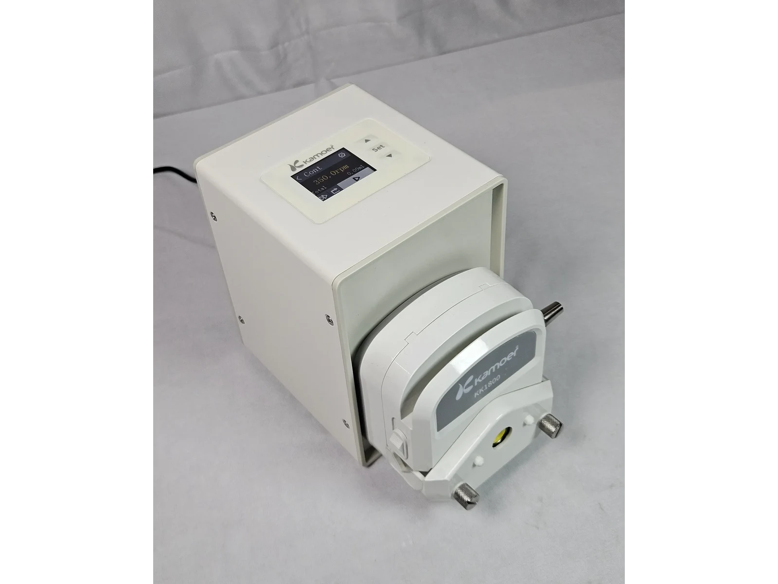 Intelligent Peristaltic Pump - Single Channel (MBT350S) — angled view across the top of the drive housing to the pump head