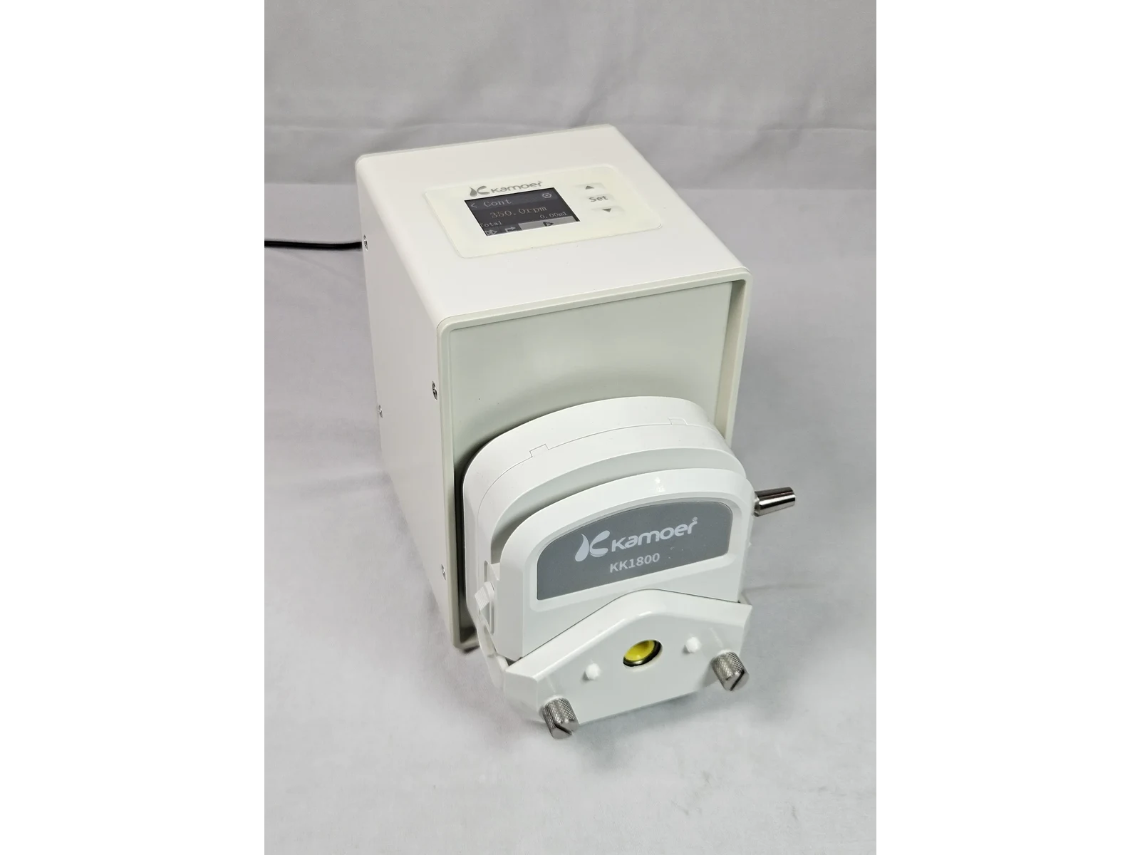 Intelligent Peristaltic Pump - Single Channel (MBT350S) — close three-quarter view of the KK1800 head, roller cover and clamping screws