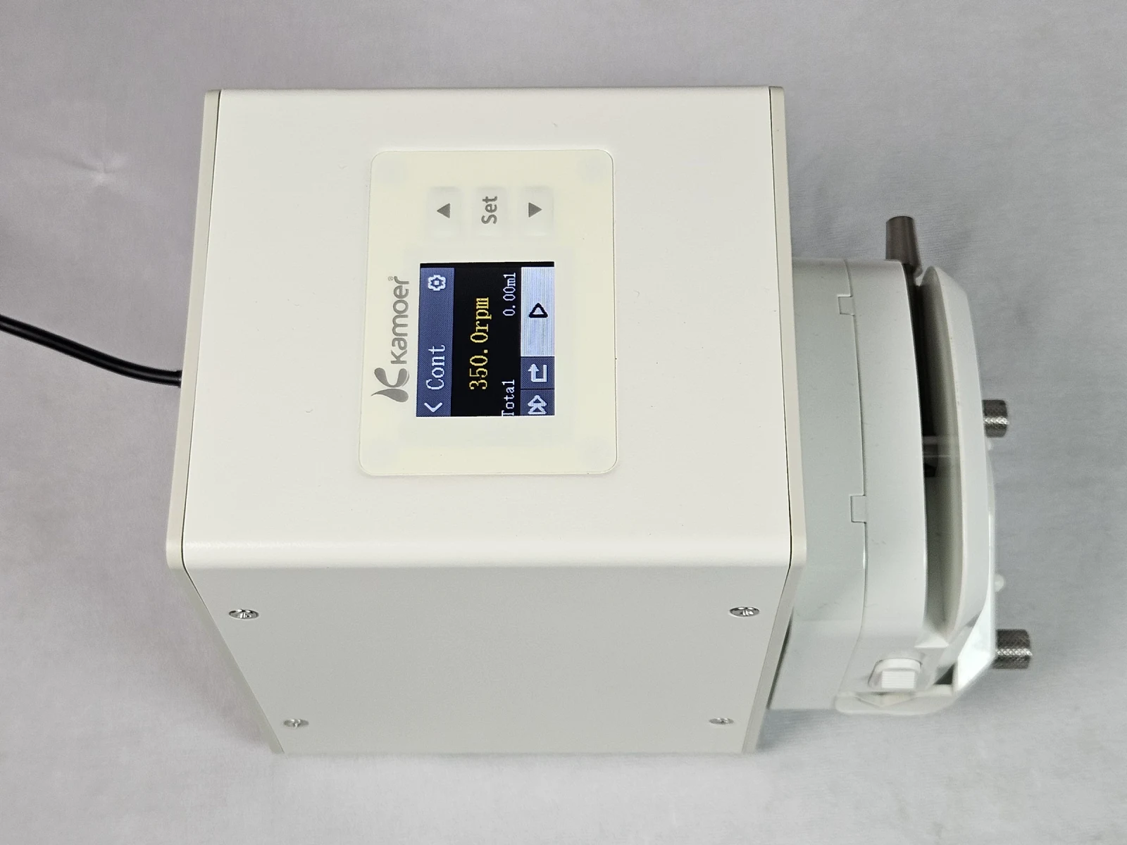 Intelligent Peristaltic Pump - Single Channel (MBT350S) — front of the drive unit, colour display and three-button keypad, with the pump head at the right edge